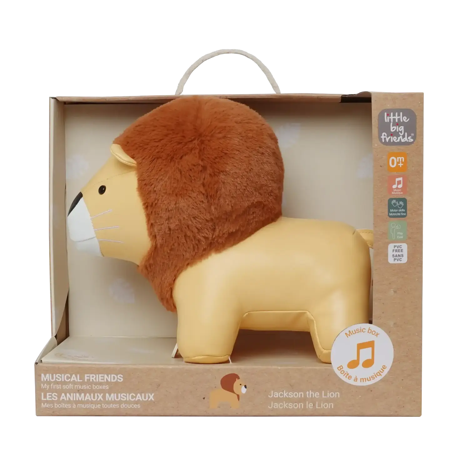 Plush lion toy in packaging with 'Little Big Friends' branding on a white background