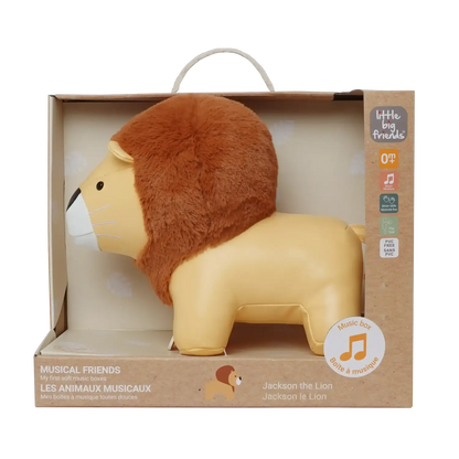 Plush lion toy in packaging with 'Little Big Friends' branding on a white background