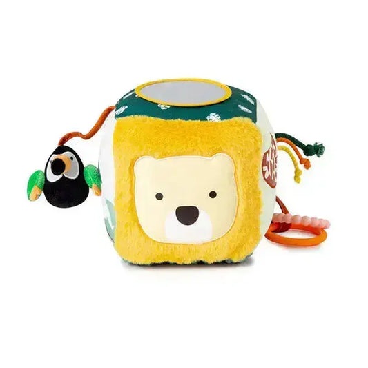 Plush toy cube with a lion face on a white background