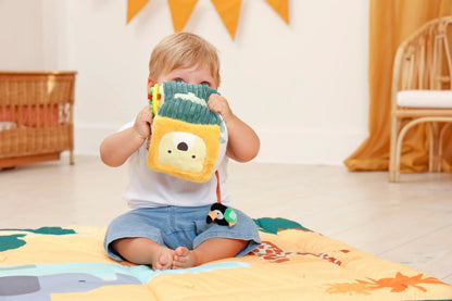 Child holding a plush toy on a colourful mat in a room with furniture and curtains.