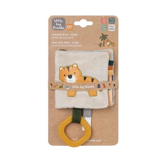 Baby teether and book with tiger design on a cardboard packaging against a white background