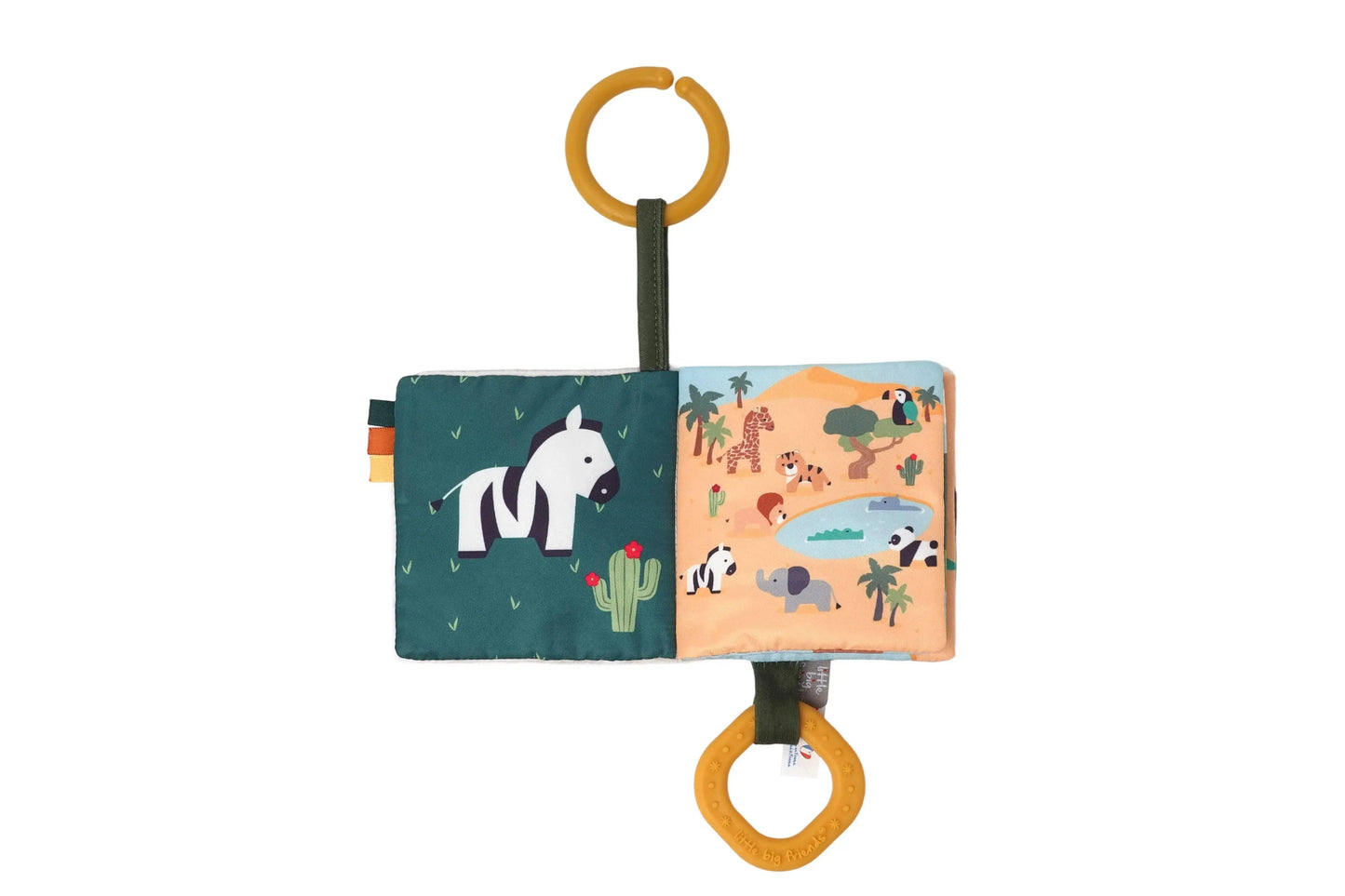 Children's activity book with colourful illustrations and ring handles on a white background