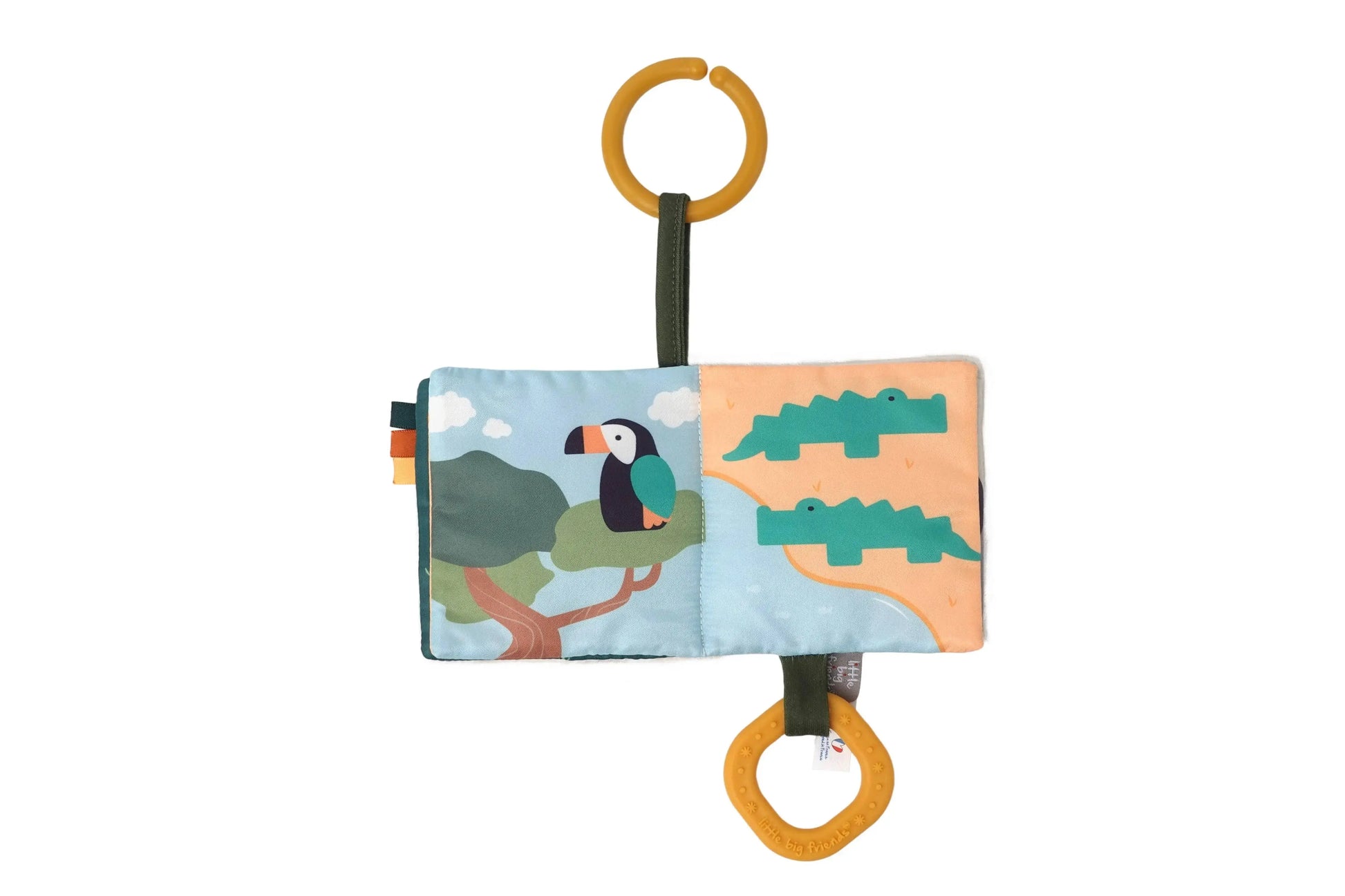 Children's activity book with animal illustrations and orange rings on a white background