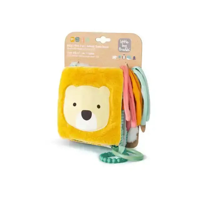 Yellow soft toy book with a lion face on a white background