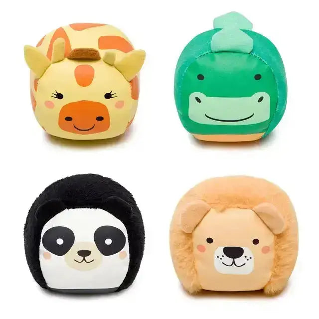 Four cute animal-themed plush toys on a white background