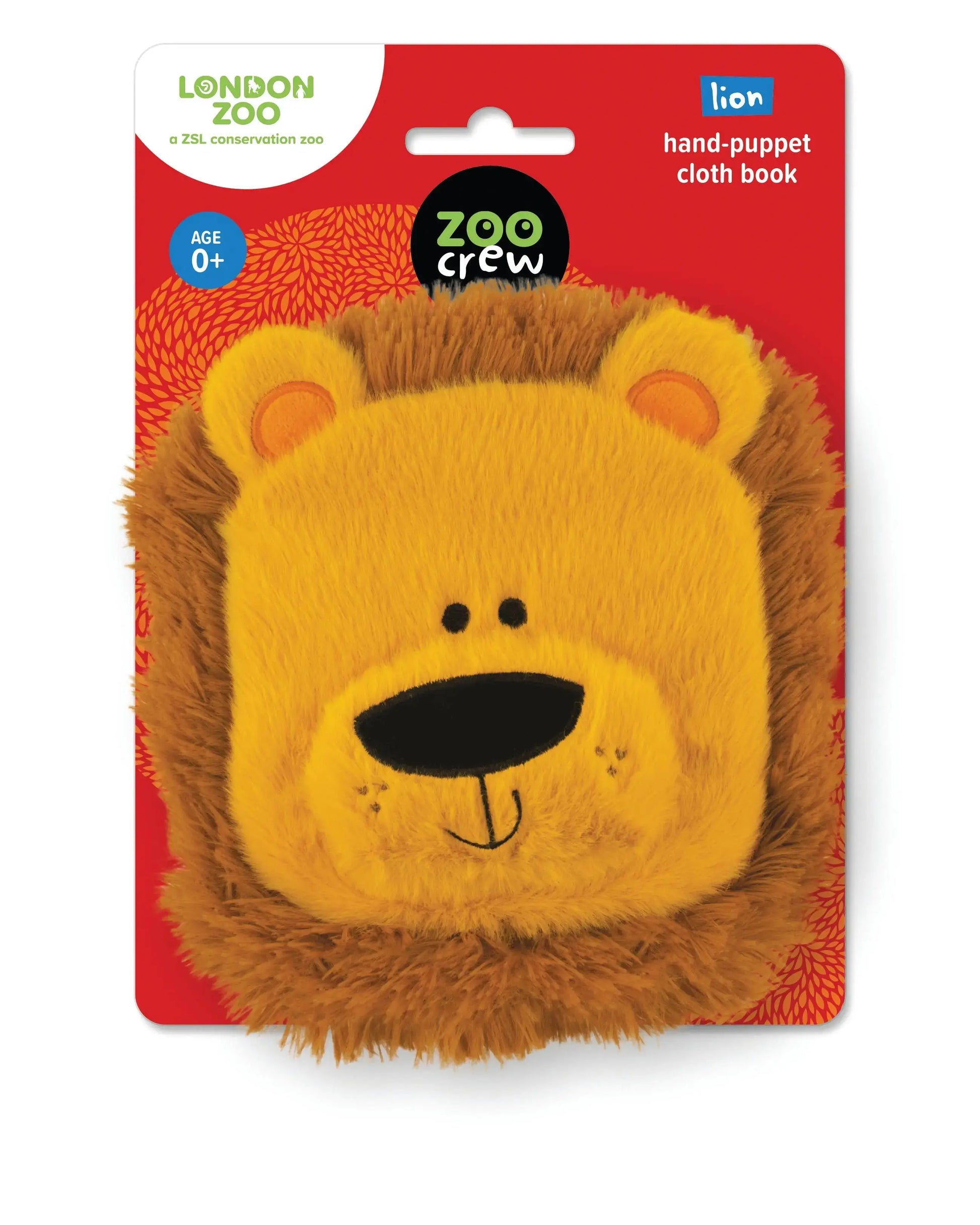 Lion-shaped hand-puppet cloth book with packaging featuring London Zoo branding.