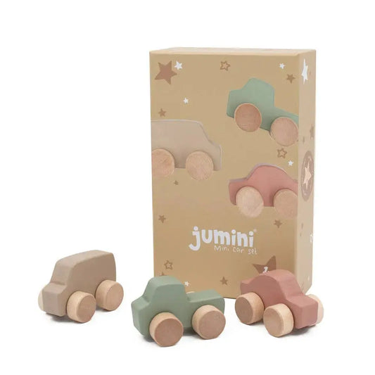 Three wooden toy cars in beige, green, and pink with a 'jumini' branded box on a white background.