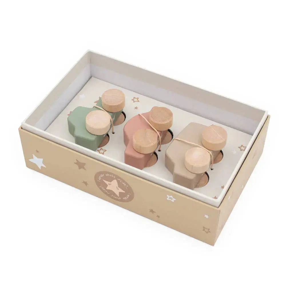 Set of wooden toy cars in a box with a star pattern on a white background