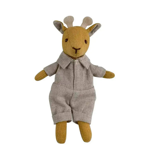 Stuffed toy giraffe in a suit on a white background