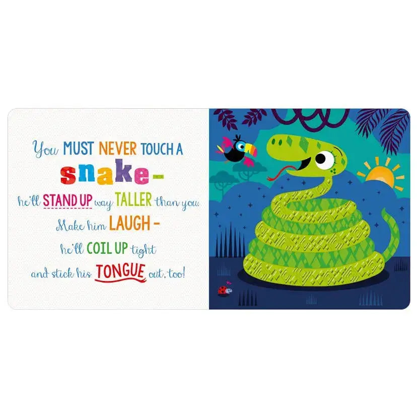 Children's book cover with a green snake illustration and colourful text on a blue background.