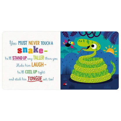 Children's book cover with a green snake illustration and colourful text on a blue background.