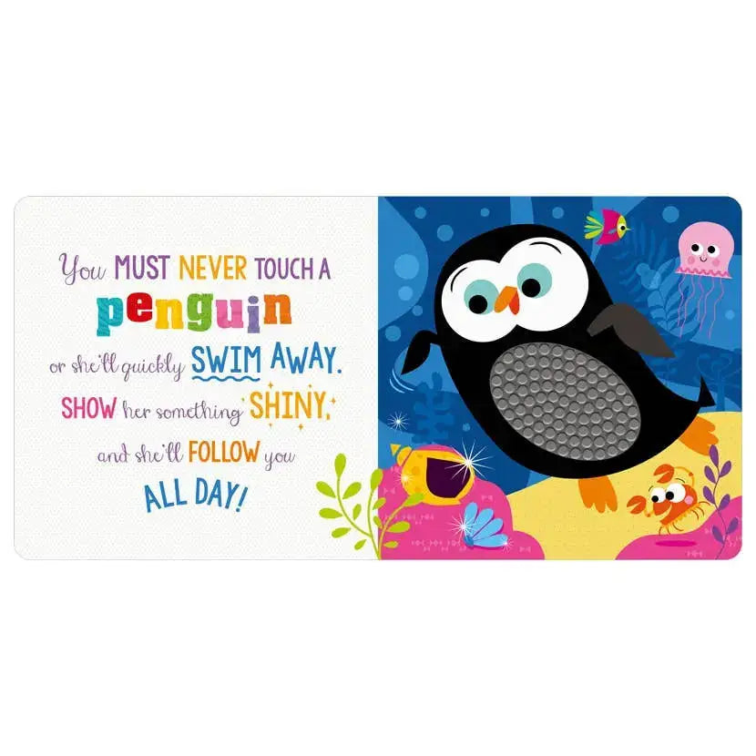 Children's book with a penguin illustration and colourful text on a blue background