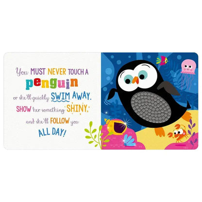 Children's book with a penguin illustration and colourful text on a blue background