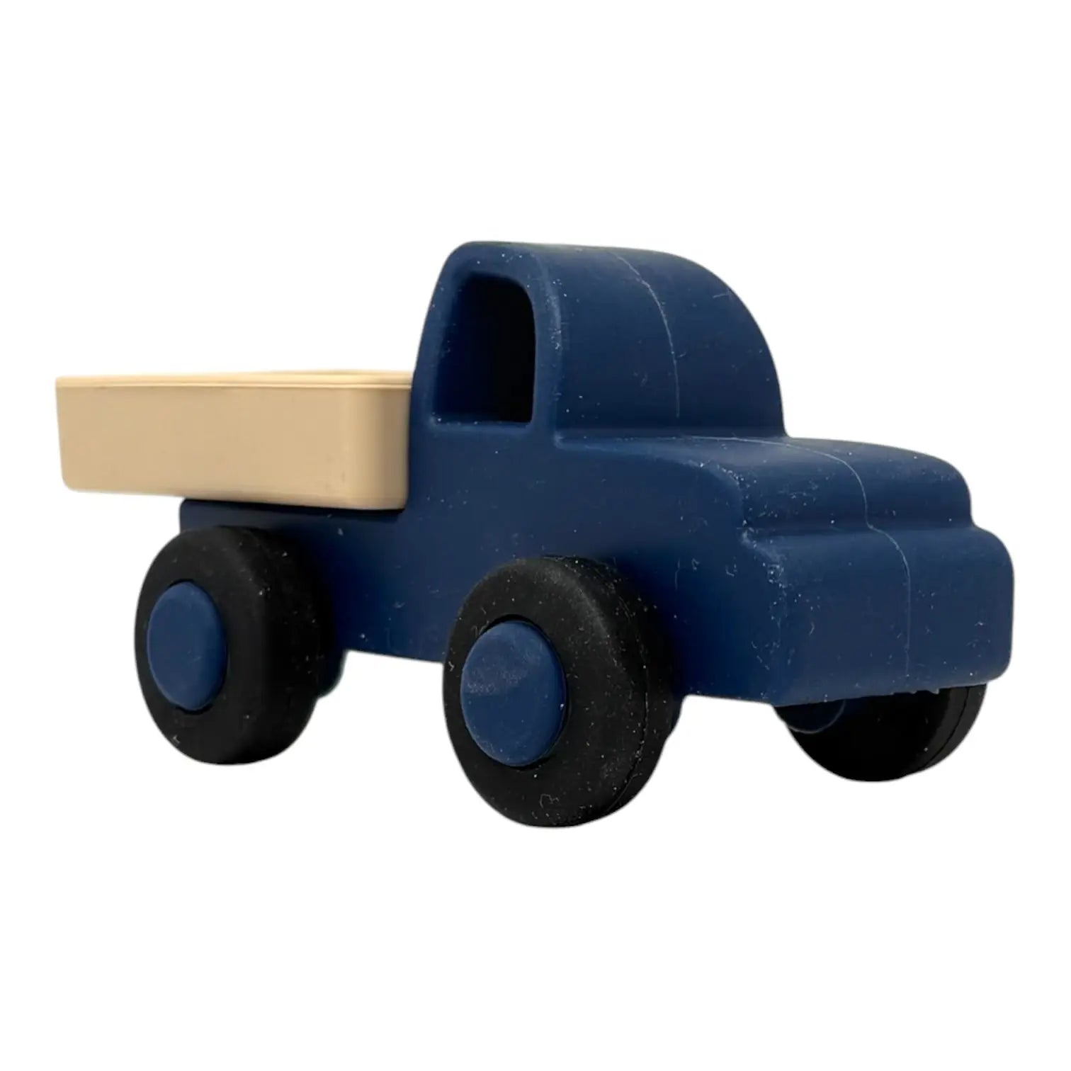 Toy truck with a blue body and black wheels on a white background