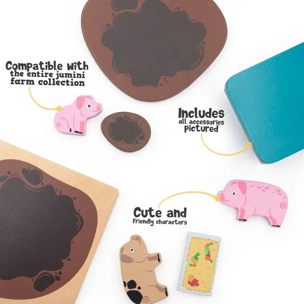 Children's farm-themed toys including a pink pig, brown cow, and blue sheep on a white background.