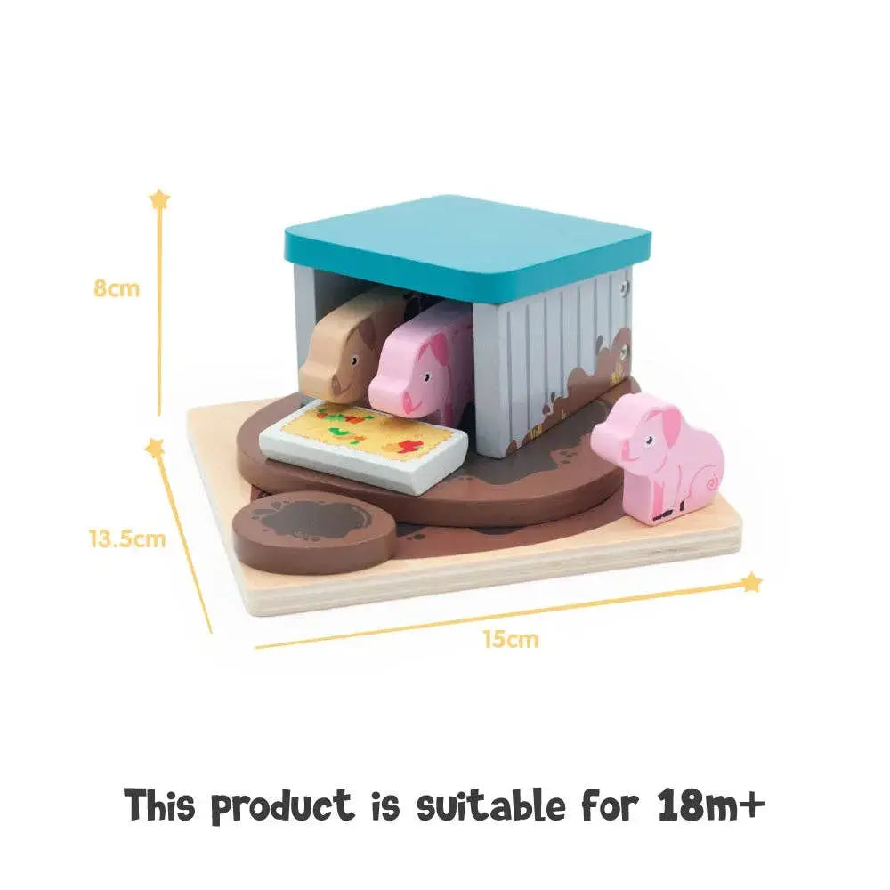 Wooden toy set with pigs and a barn, including measurements and suitability for 18 months and older.
