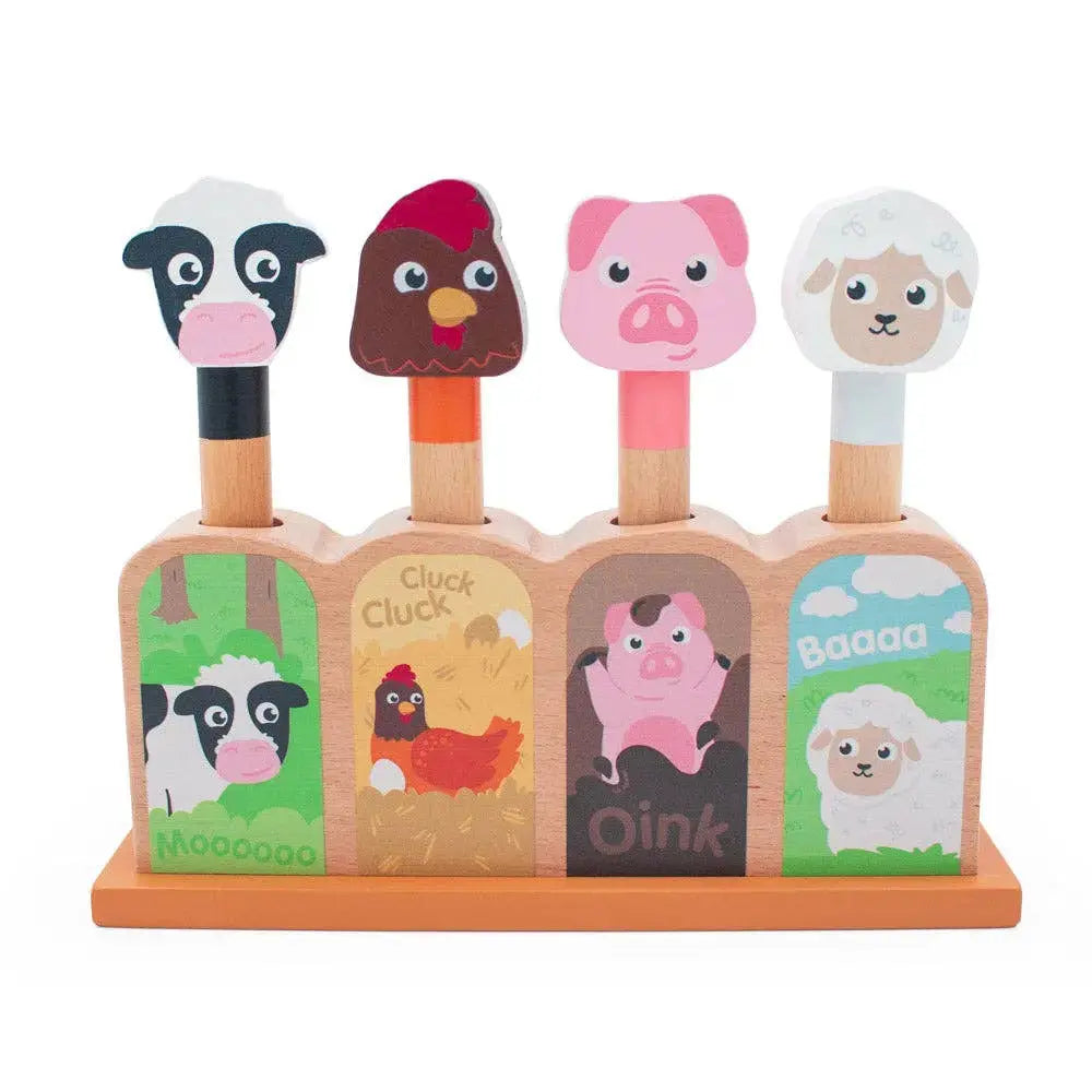 Wooden farm animal toy with animal faces and sounds on a white background