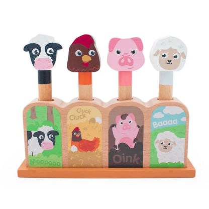 Wooden farm animal toy with animal faces and sounds on a white background
