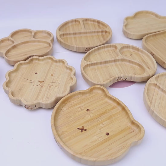 Baby weaning plate made from natural bamboo with silicone suction base