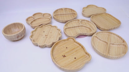 Natural bamboo bear plate with secure suction base for babies