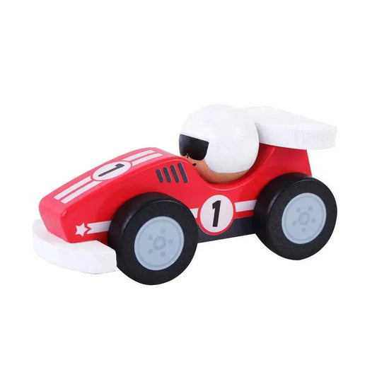 Toy race car with a driver figure on a white background