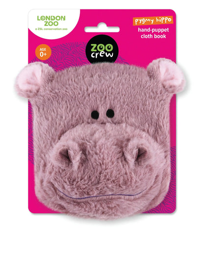 Pink hippo hand-puppet on a pink background with 'Zoo Crew' branding.