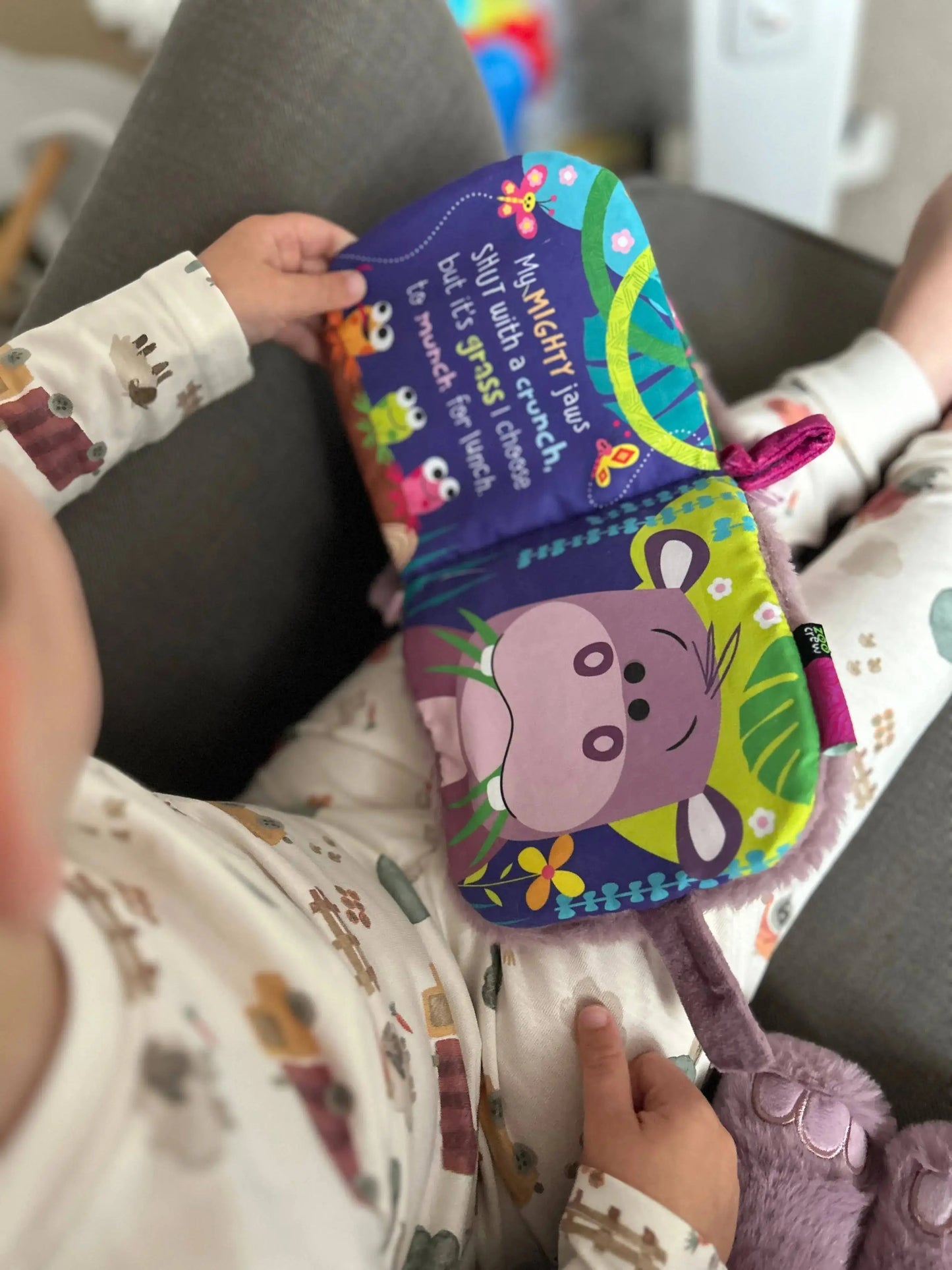 Child holding a colourful children's book with a pygmy hippo design on a couch.