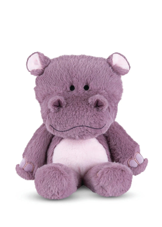 Purple plush hippo toy on a white background