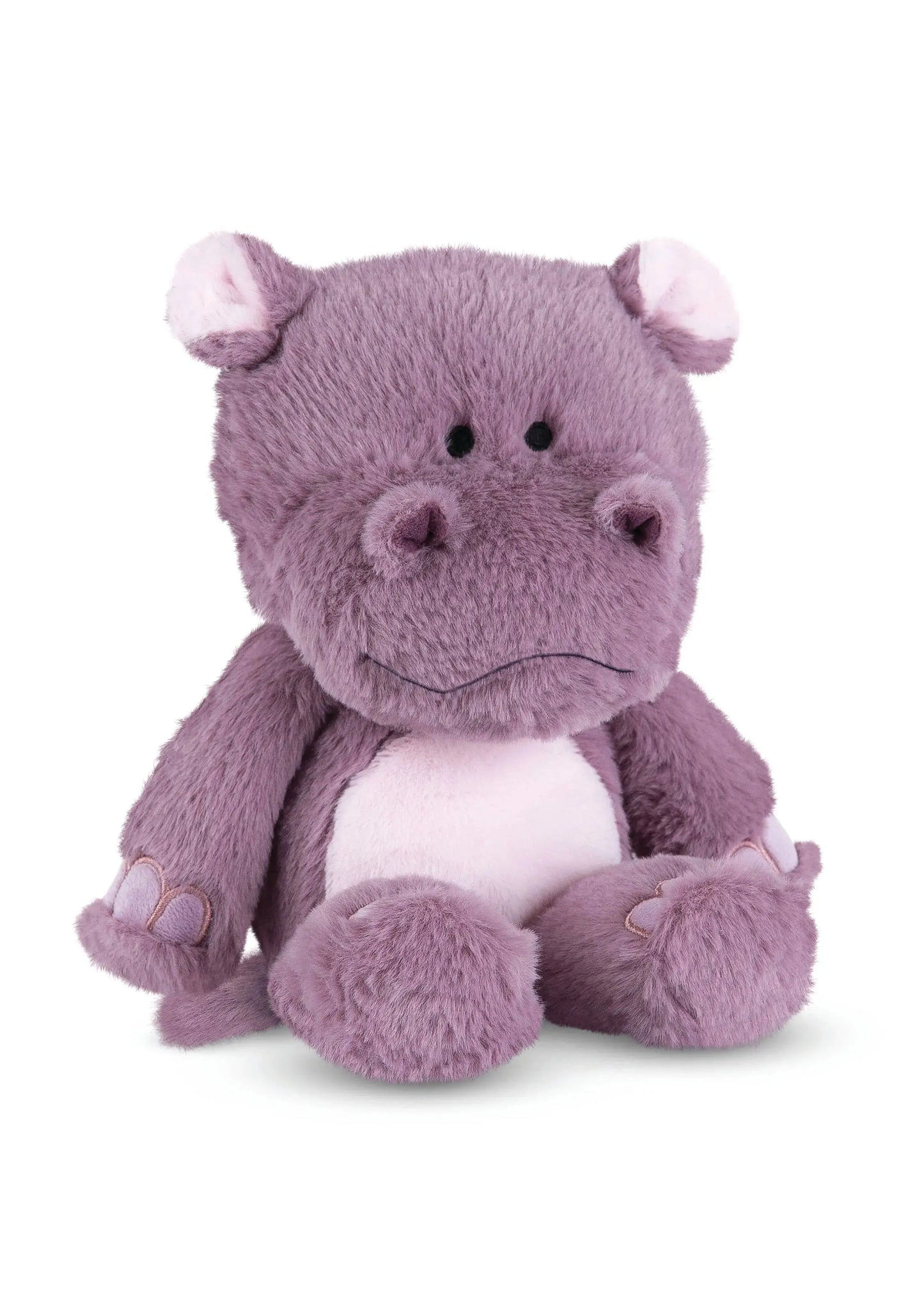 Purple plush hippo toy on a white background