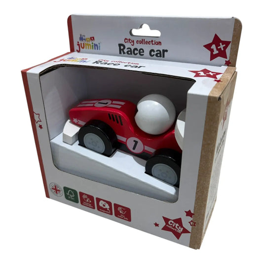 Red toy race car in a Jumini packaging box on a white background