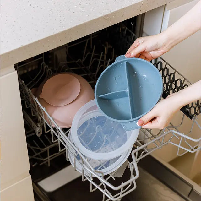 Close-up of the 3-section silicone bowl, featuring one large and two smaller compartments for food separation.