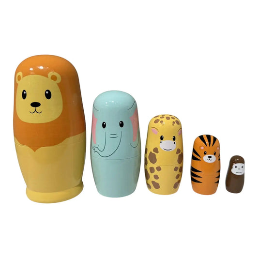 Set of five nesting dolls with animal designs on a white background