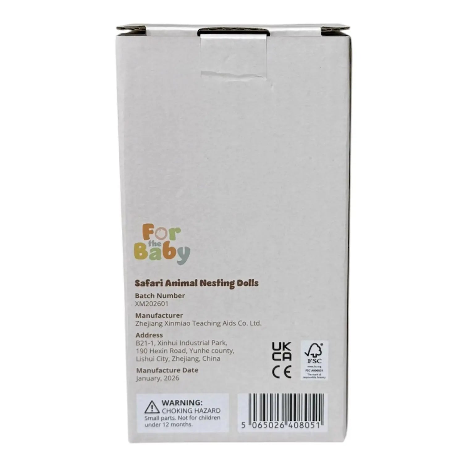 Back of a product box for 'For the Baby' Safari Animal Nesting Dolls with branding and product details.
