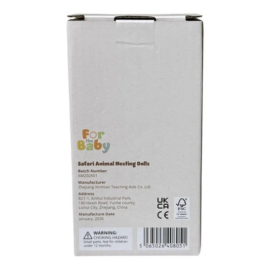 Back of a product box for 'For the Baby' Safari Animal Nesting Dolls with branding and product details.
