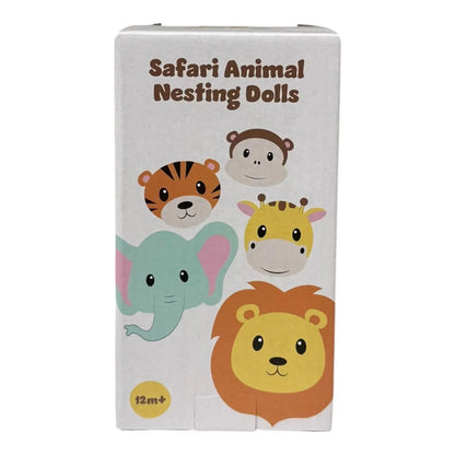 Box of Safari Animal Nesting Dolls with cartoon illustrations on a white background