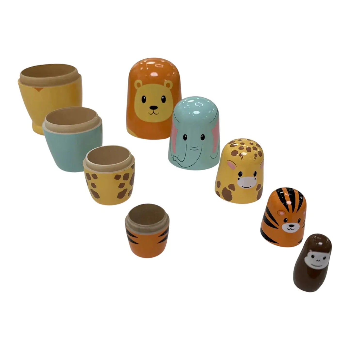 Set of colourful wooden nesting dolls with animal faces on a white background