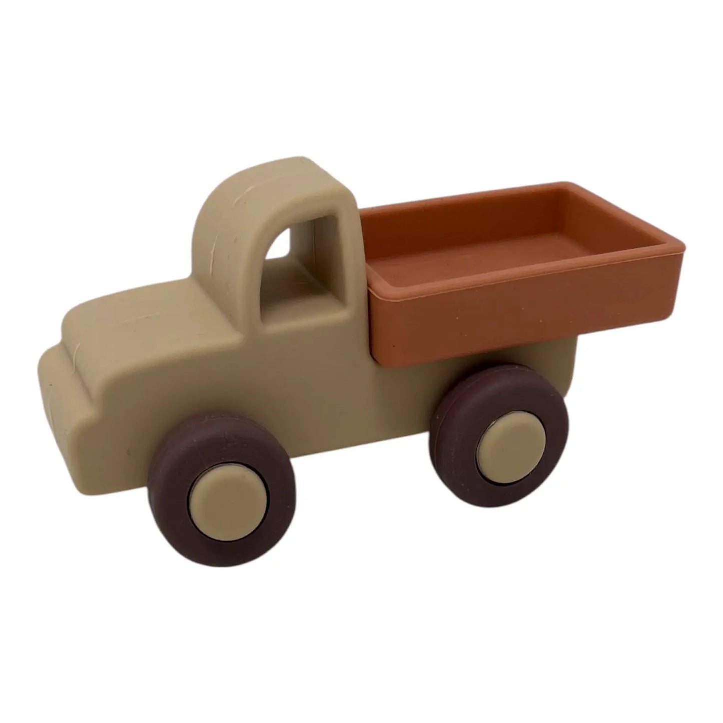 Toy truck with beige body and brown bed on a white background