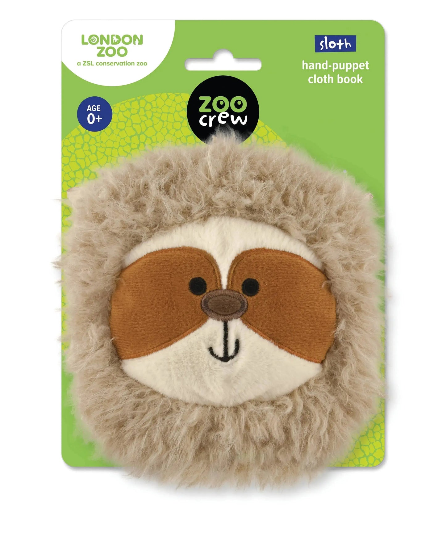 Sloth hand-puppet cloth book on a green packaging with 'London Zoo' branding.