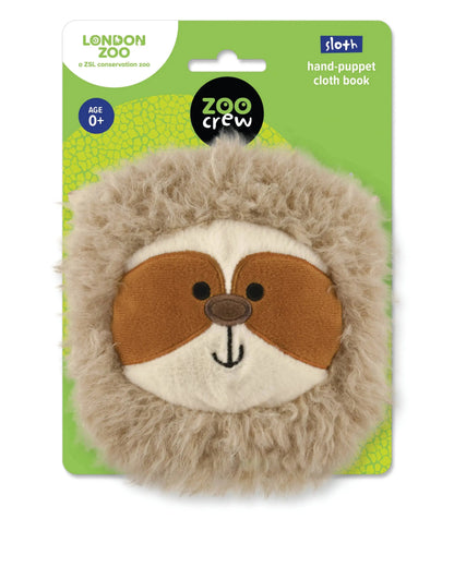 Sloth hand-puppet cloth book on a green packaging with 'London Zoo' branding.