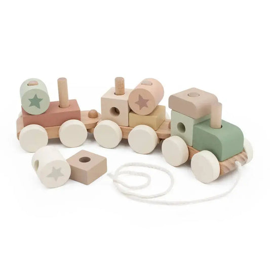 Wooden toy train with colourful carriages on a white background