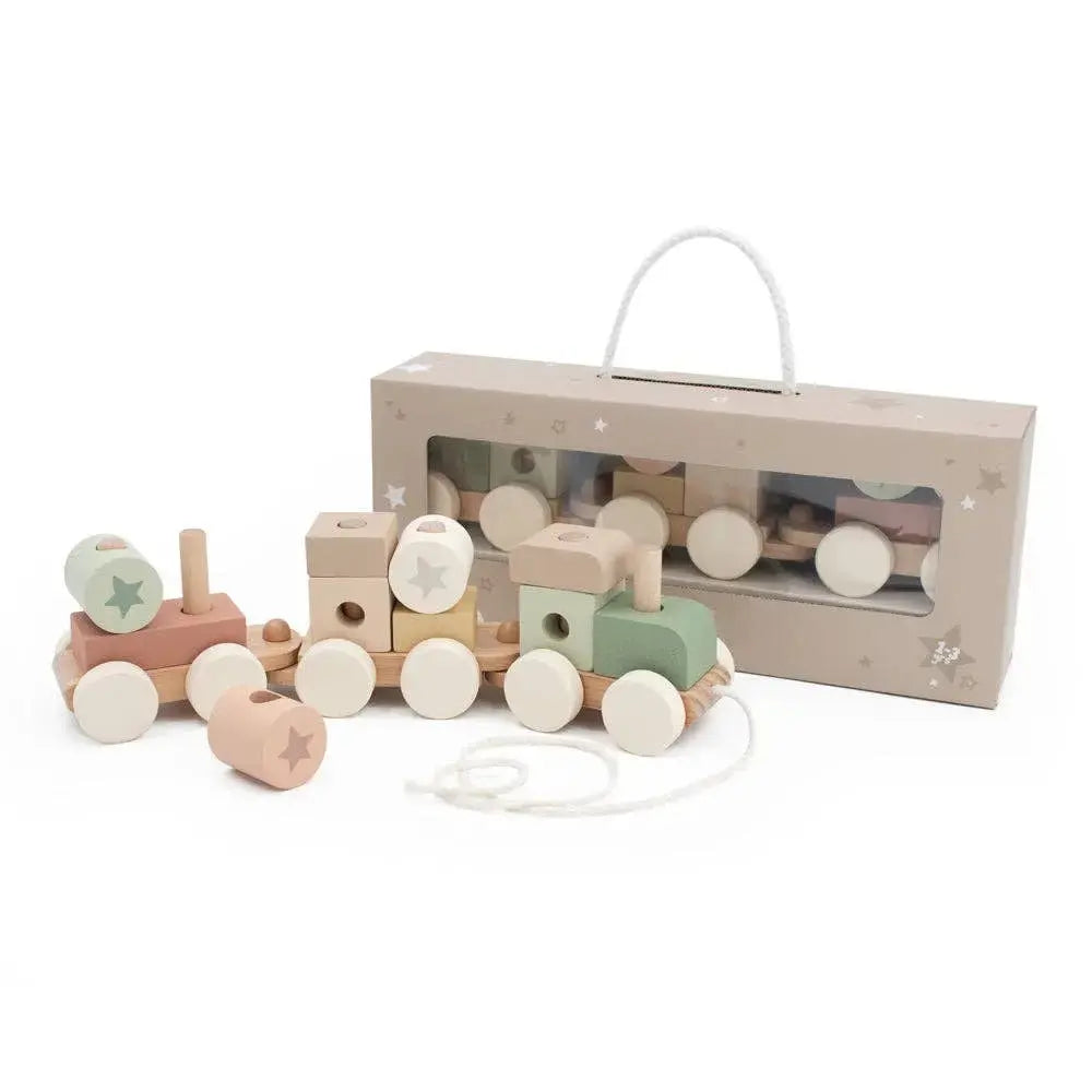 Wooden toy train set with pastel colours and a clear packaging box on a white background