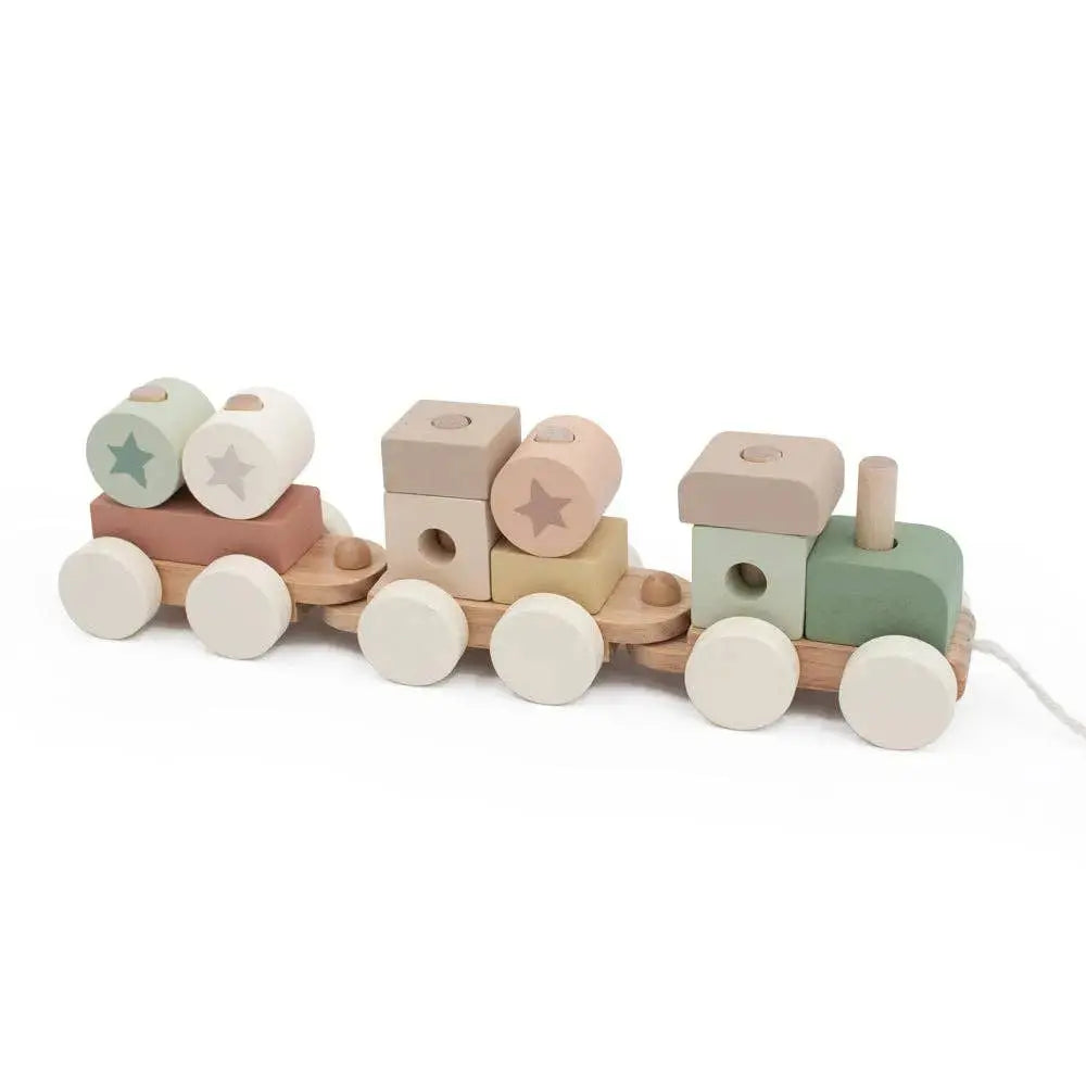 Wooden toy train with colourful blocks on a white background
