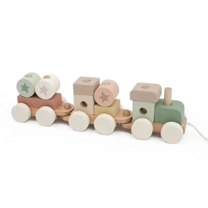 Wooden toy train with colourful blocks on a white background