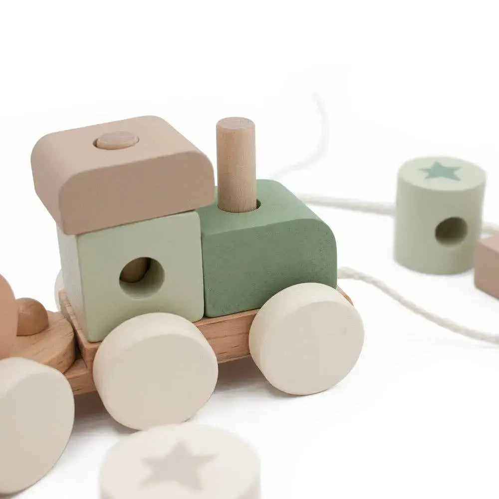 Wooden toy train with colourful blocks on a white background