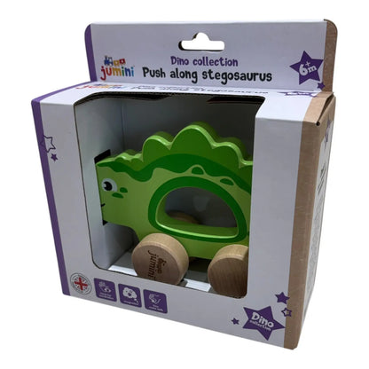 Jumini push along stegosaurus toy in packaging on a white background