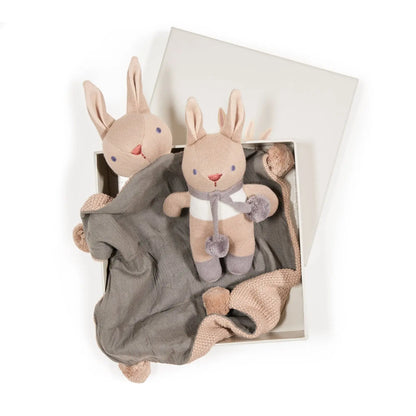 Two plush rabbit toys with a gray blanket in a box on a white background