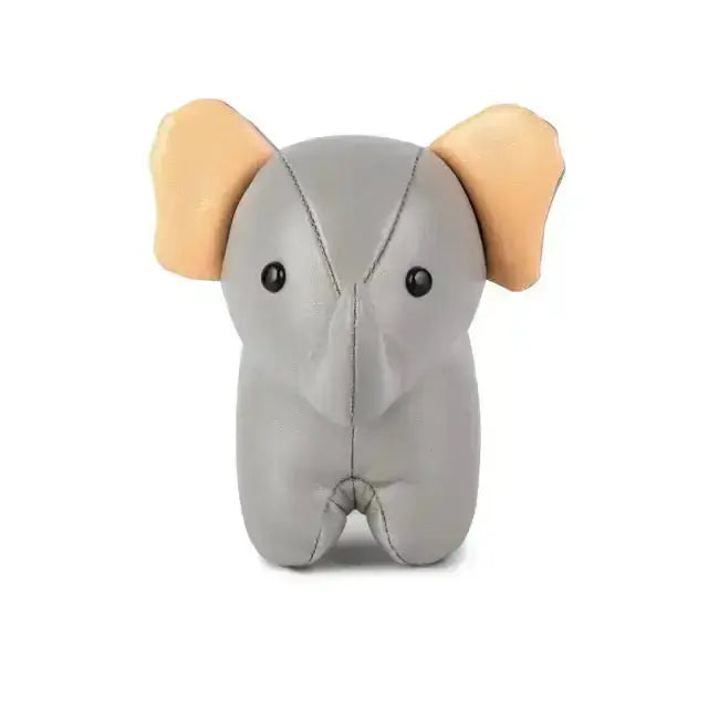 Grey elephant plush toy with beige ears on a white background