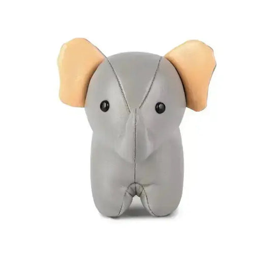 Grey elephant plush toy with beige ears on a white background