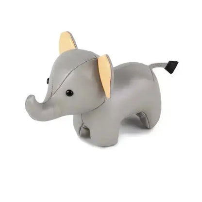 Grey elephant toy with beige ears on a white background