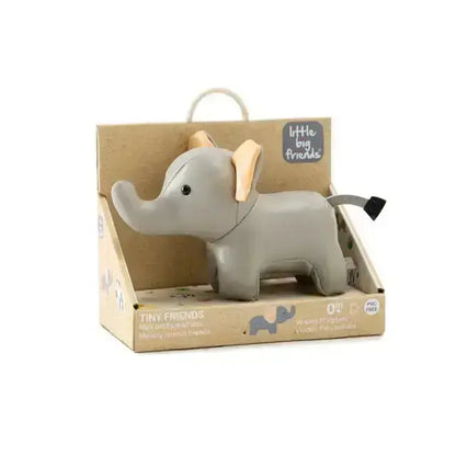 Toy elephant in a cardboard packaging with 'Little Big Friends' branding on a white background.